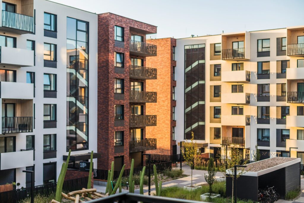 A group of colorful condo apartment buildings